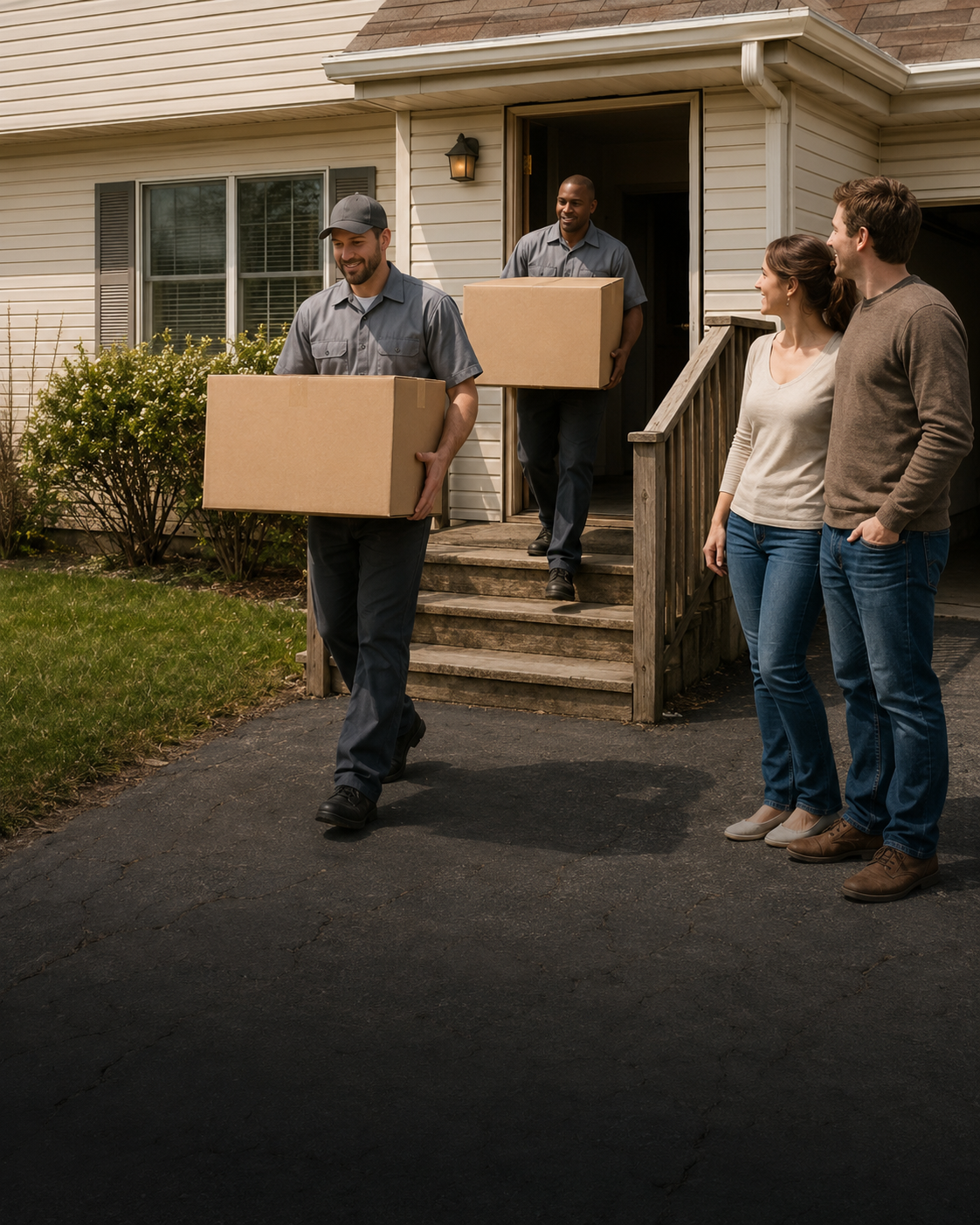 Professional moving team helping homeowners